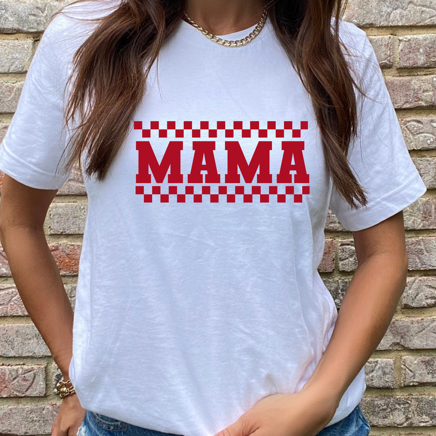 Red Checkered Mama- White Graphic Tee