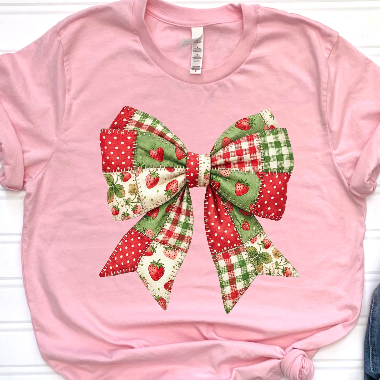 Strawberry Patchwork Bow Pink Graphic Tee