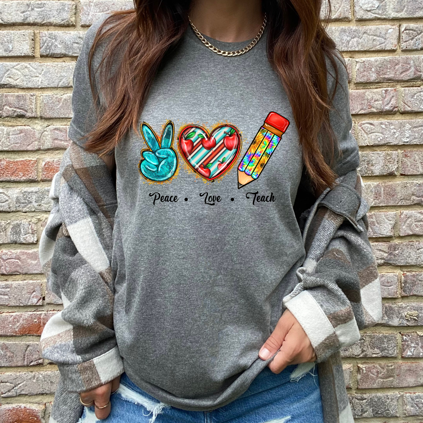 Turquoise Peace Love Teach Graphic Tee