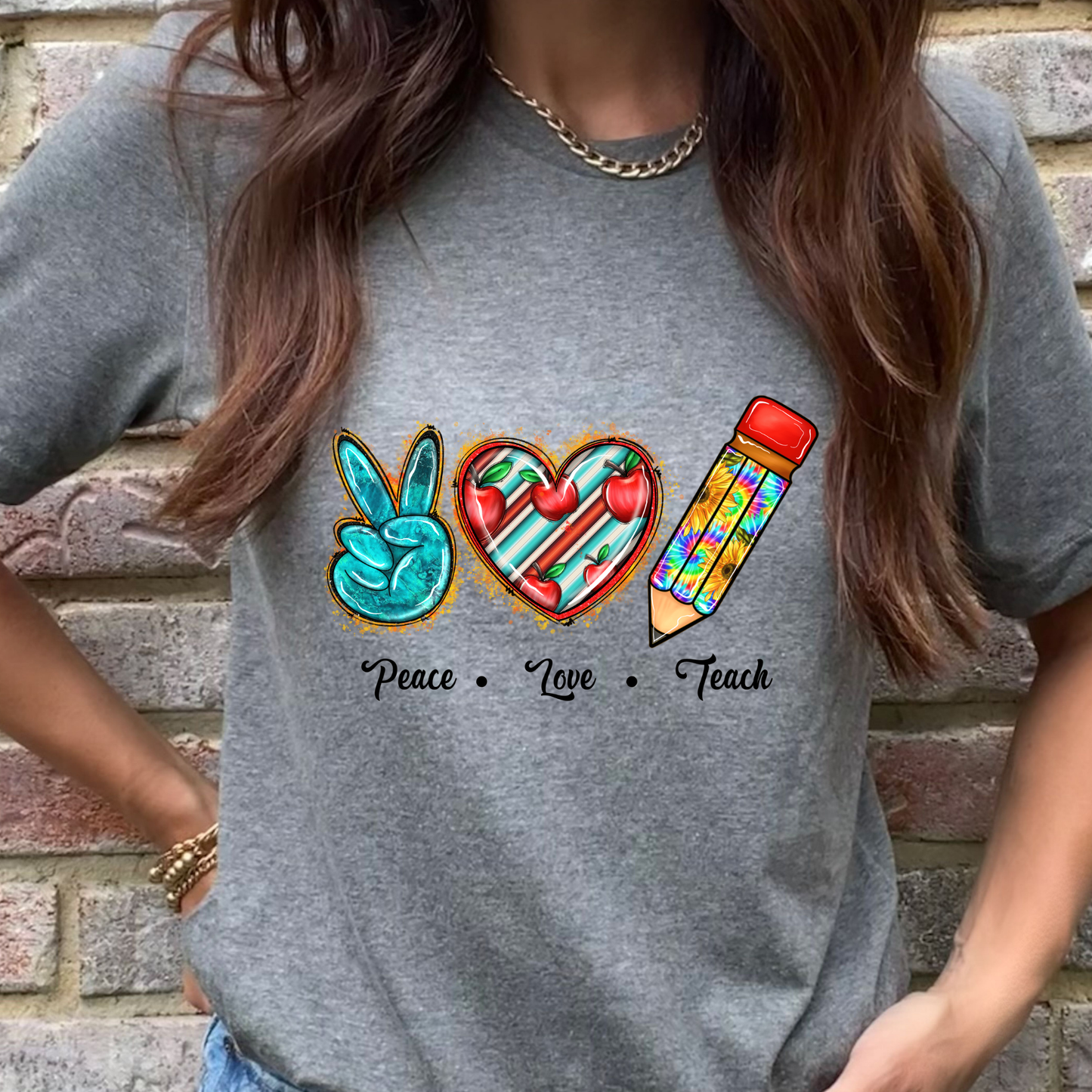 Turquoise Peace Love Teach Graphic Tee