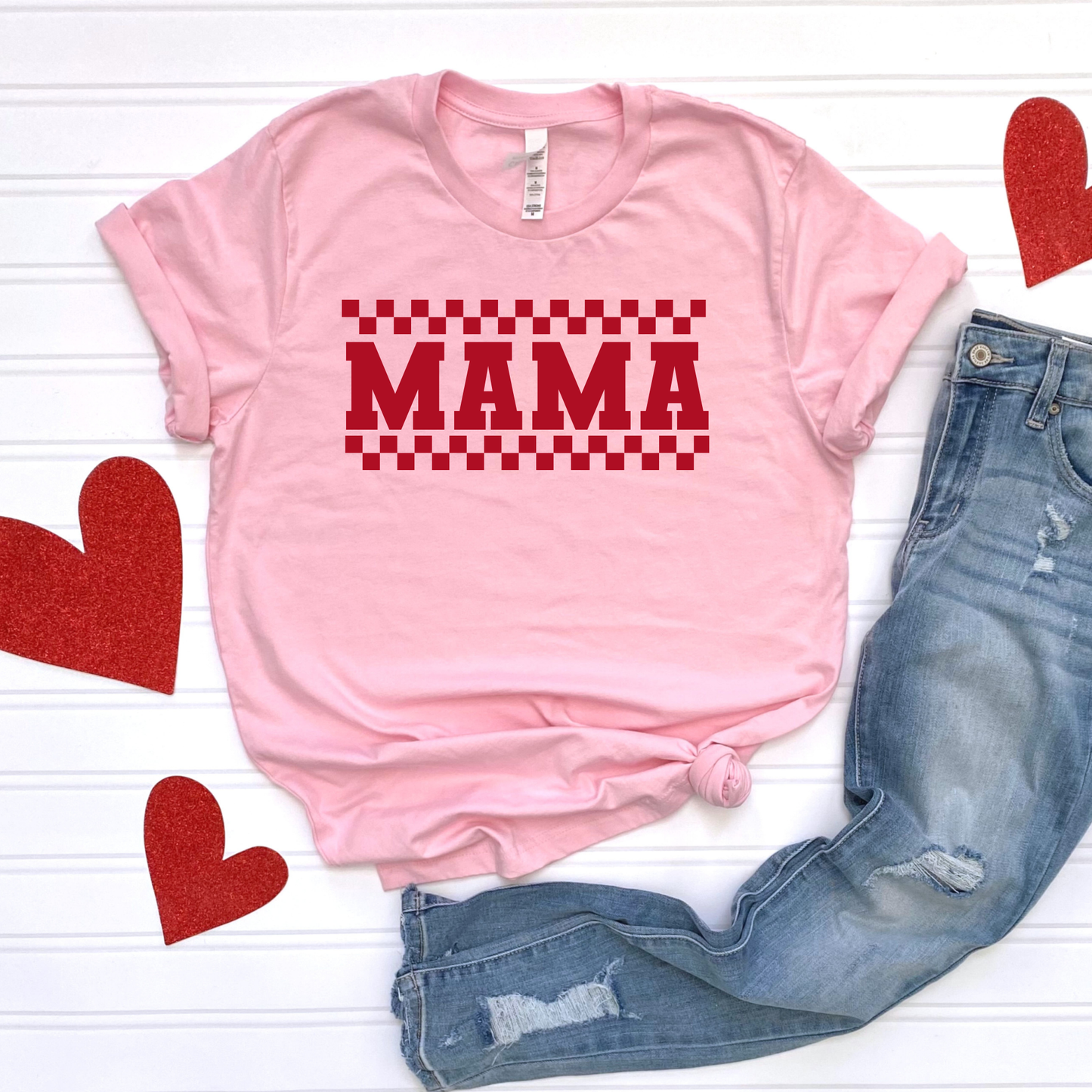 Red Checkered Mama- Pink Graphic Tee