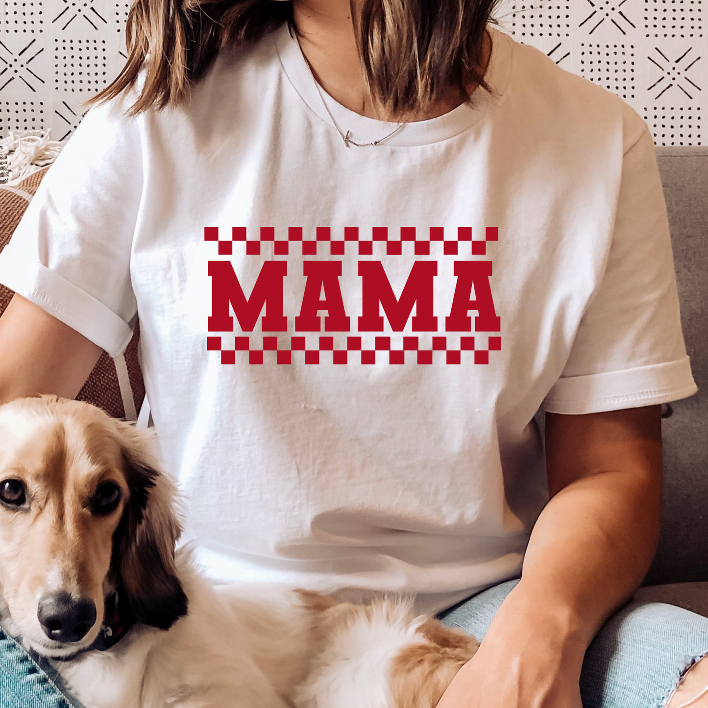 Red Checkered Mama- White Graphic Tee