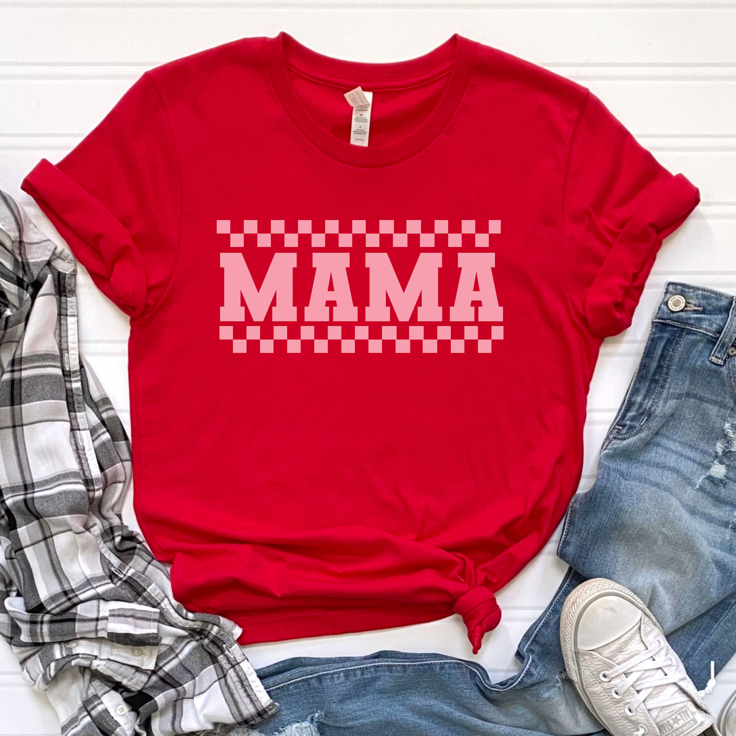 Pink Checkered Mama- Red Graphic Tee