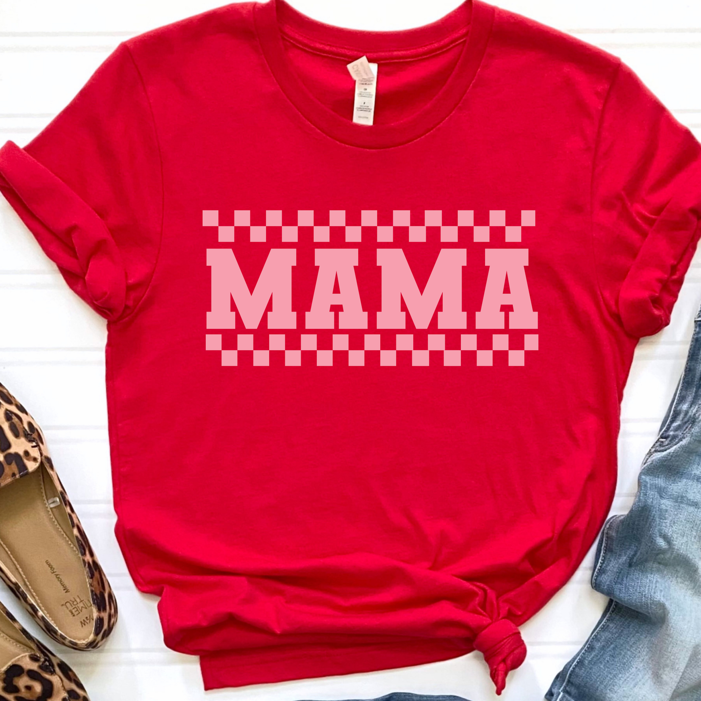 Pink Checkered Mama- Red Graphic Tee