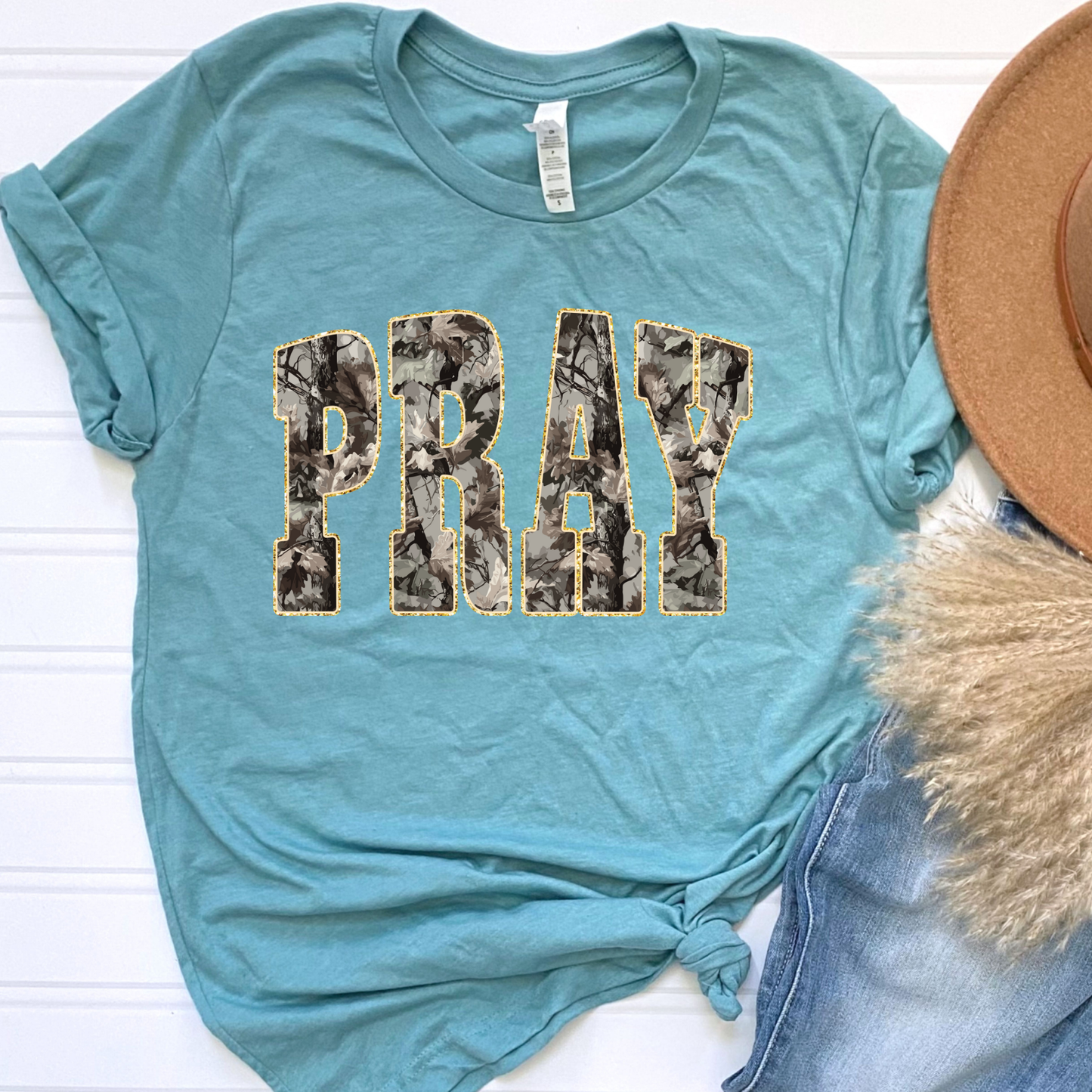 Camo Pray Teal Graphic Tee