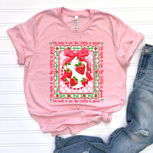 The Lord is Good Strawberry Pink Graphic Tee
