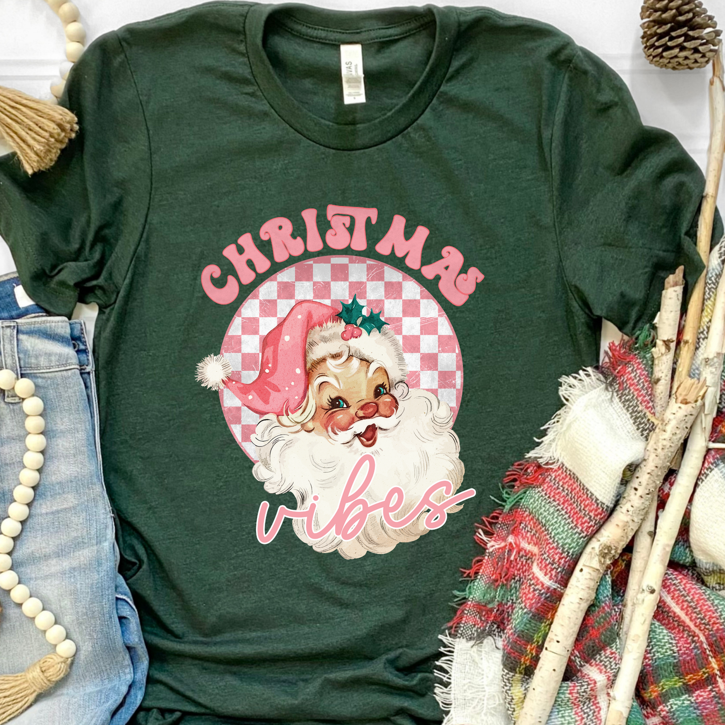 Pink Christmas Vibes Green Graphic Tee