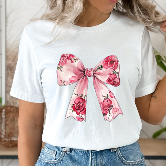 Pink Floral Bow White Graphic Tee