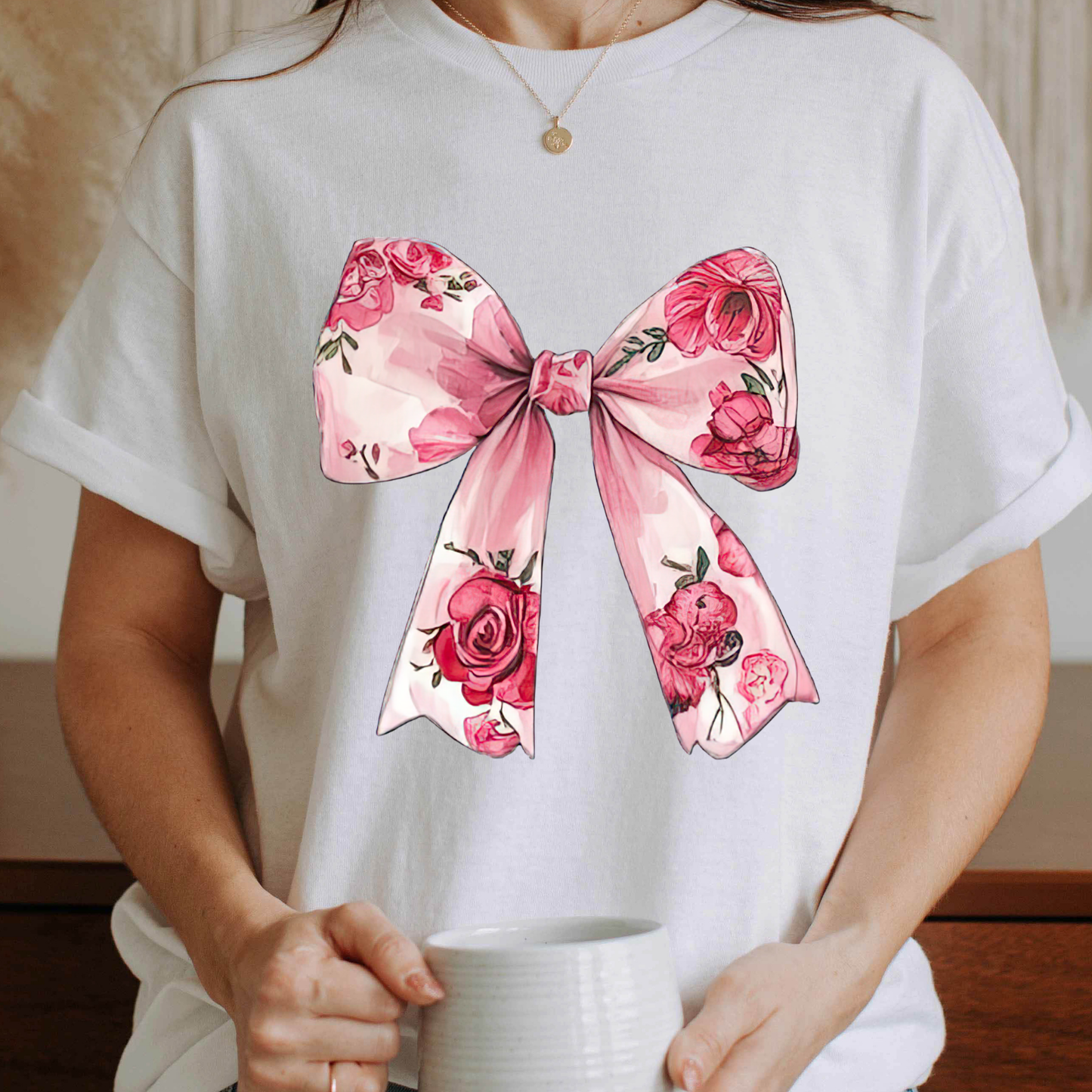 Pink Floral Bow White Graphic Tee